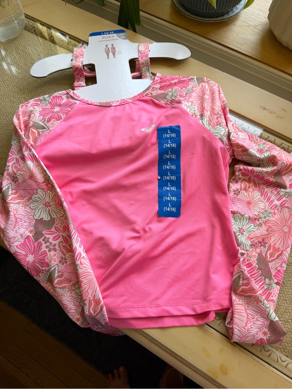 Roxy Girls' Pink Floral Sleeve Long-Sleeve Rashguard
